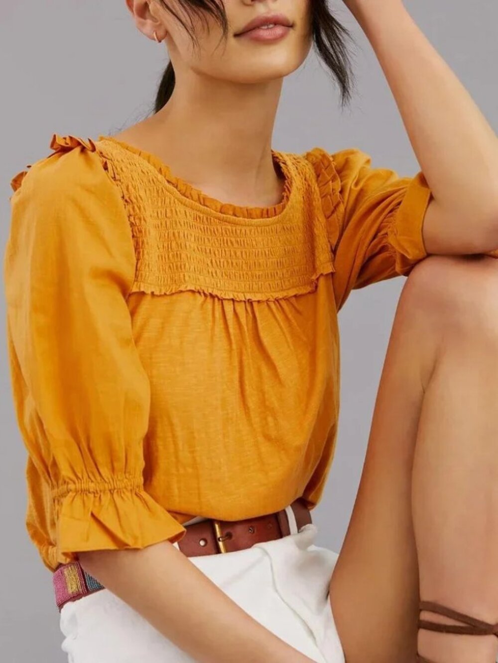 Anthropologie Orange Smocked Puff Short Sleeve Top